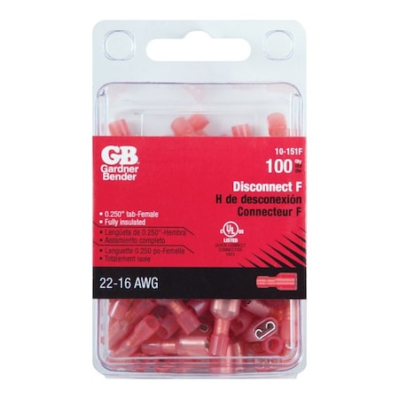 Gardner Bender Gardner Bender 22-16 AWG Insulated Wire Female Disconnect Red 100 pk 10-151F